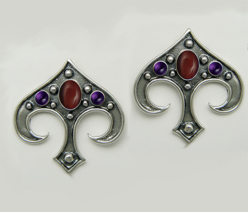 Sterling Silver Gothic Inspired Drop Dangle Earrings With Red Tiger Eye And Amethyst